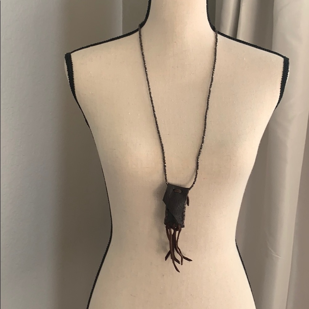 Leather Boho beaded pouch fringe necklace